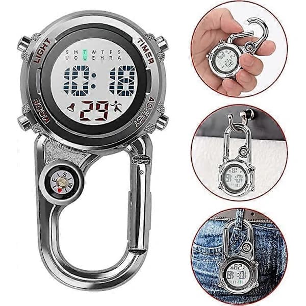 Karbinhake Klocka Digital Clip-on Quartz Klocka Multifunktionell Karbinhake FOB Klocka Lysande Urtavla Kompass Karbinhake Klocka med Kompassröd