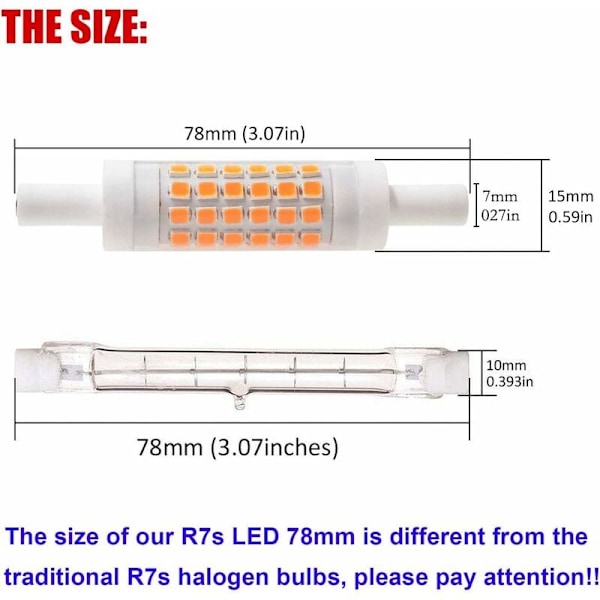 R7S LED 78mm Dimbar Varmhvit 2700K 5W J78 LED Lampe 450lm Erstatter 50W Halogenlampe Lyspære 230V 83 Ra, 2-pakning [Energiklasse E]
