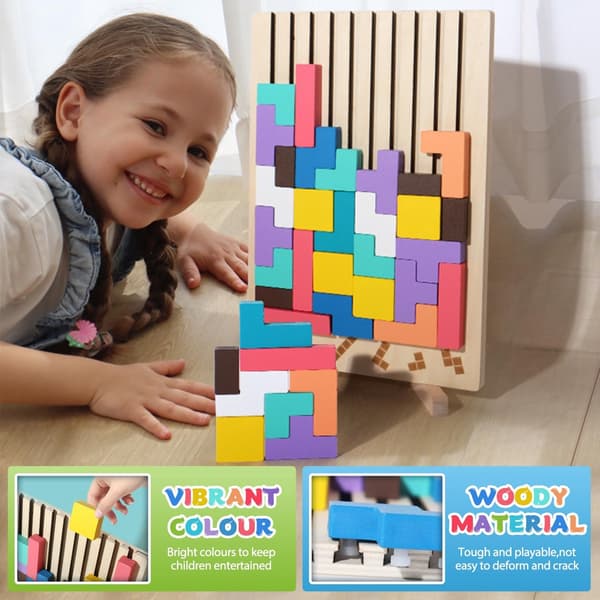 Träpussel Montessori-leksak för 3-6 år - färgglada geometriska block, pussel hjärnspel
