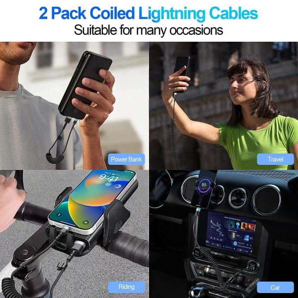 2-pak lindad Lightning-kabel, 3FT iPhone-ladekabel for bil