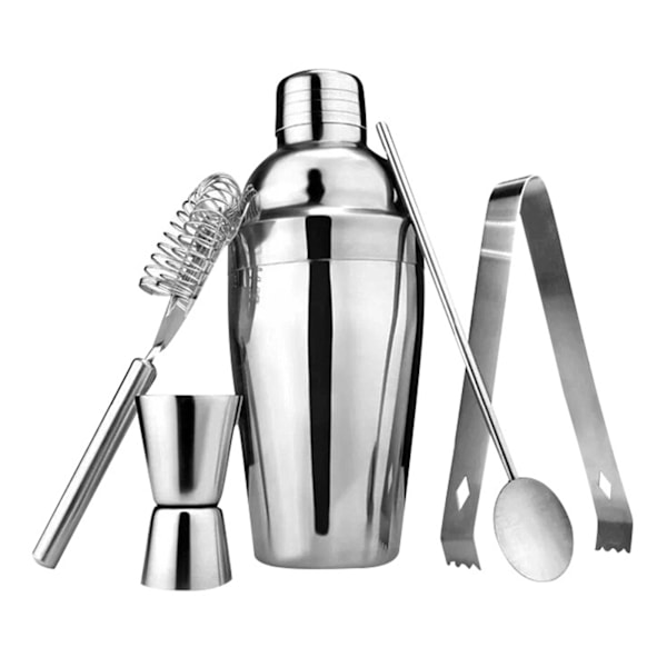 5-delt cocktailmixersæt i rustfrit stål 750 ml cocktailshaker ske målejigger klemme og si til bar