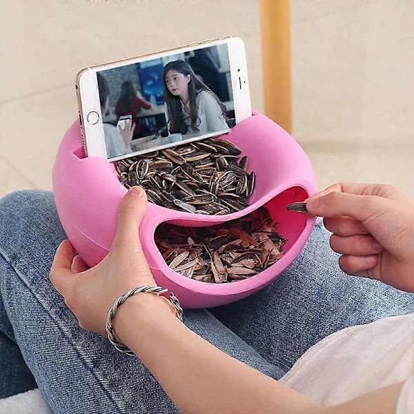 Dobbeltlags snackskål med telefonholder Multifunksjonell plastfruktfat for hjemmestue soverom blå