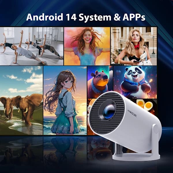 HY300 Pro Smart Mini Projektor Med Android 14, WiFi 6, Bluetooth, 180° Rotation til Hjemmerejser, Hvid
