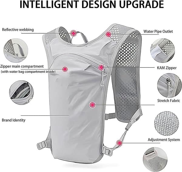 Hydreringsløpevest med flaskeholder, ultralett pustende refleksstriper, unisex for løping, sykling og fotturer, grå