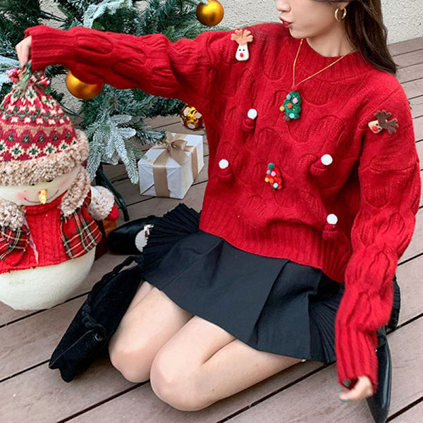 Röd jultröja höst & vinter 2024 ny design Koreansk åldersreducerande lös långärmad mångsidig topp för kvinnor MJ51 off white One Size