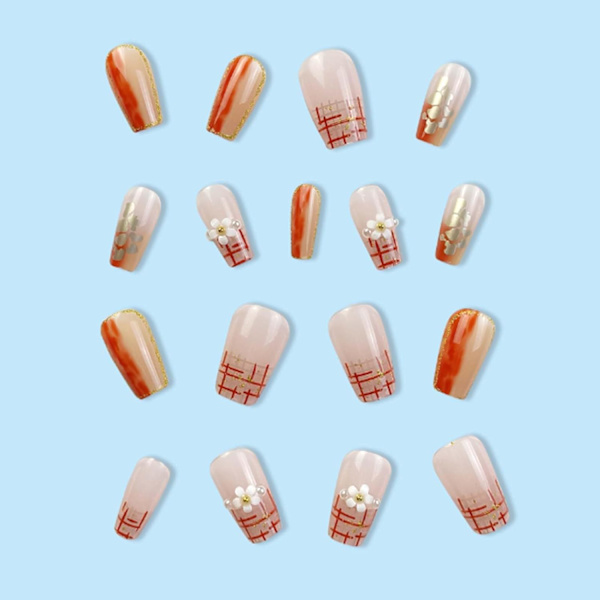 Medium Coffin Falska Naglar Daisy Press on Nails Gradient Nails Tips Akryl Söta Glitter Falska Naglar för Kvinnor och Flickor 24Pcs