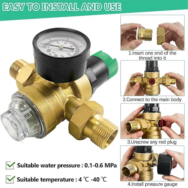 Tryckregulator Vatten 3/4 Tum, Vattentrycksregulator Med Vattentrycksmätare Och Nätfilt