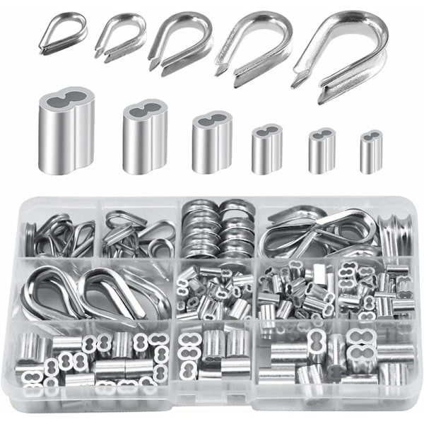 250 stk. 6 Størrelser Aluminium Wire Tau Kauser Sortiment - Doble Hylser & 5 Størrelse Kauser for Wire Tau