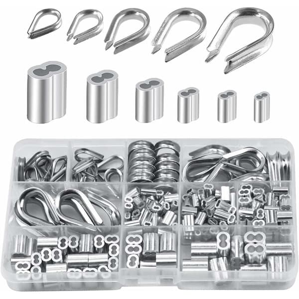 250 stk. 6 størrelser aluminiumswire-kauser sortiment, dobbeltløbede ærmer & 5 størrelser kauser til wire
