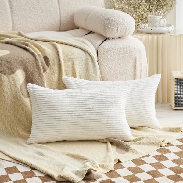 IC Svankkuddar for sofa Soverom Sett med 2 myke stripete samme avlange dekorative hvite puter, 12x20 tommer, hvit