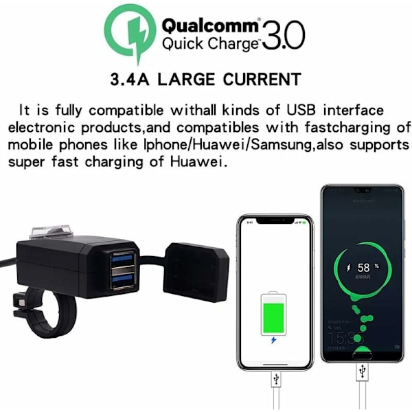 Motorsykkel Lader 2 USB Porter Socket Adapter Hurtiglading 3.0 12-24v USB Mobiltelefon Strømlader med Bryter for Motorsykler Sykler etc.