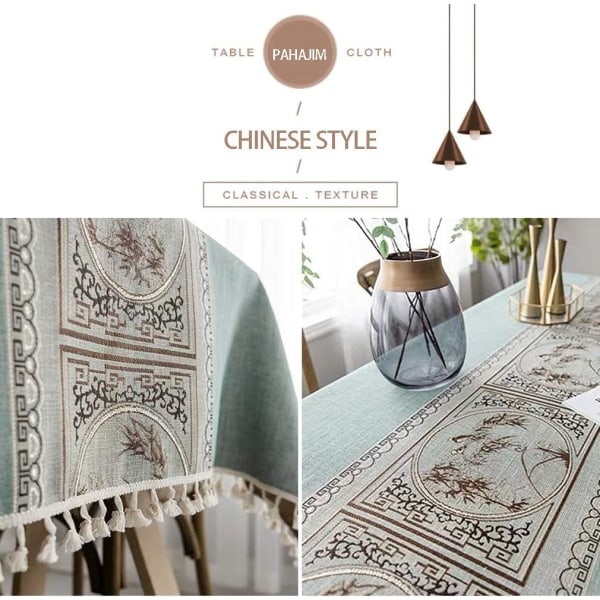IC Rektangulär fläckresistent bordsduk linne bomull broderad bordsduk Elegant kinesisk stil tryckta dukar (fyrkantig, 140 x 140 cm)
