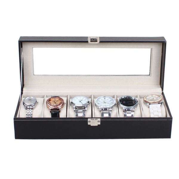 Watchbox Klockbox 6 kellolle - Musta valkoisella ompeleella/black