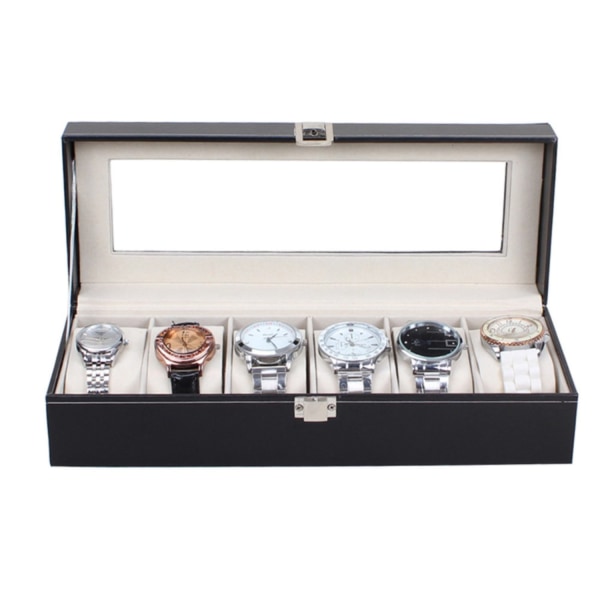 Watchbox Klockbox för 6 klockor - Svart med vit söm/black
