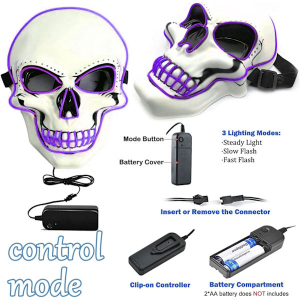 Halloween LED-naamio, LED-luurankonaamio, LED-puhdistusnaamiot, kauhunaamio, halloween-naamio, karnevaaliin, halloweeniin, cosplayhin ja juhliin Purple