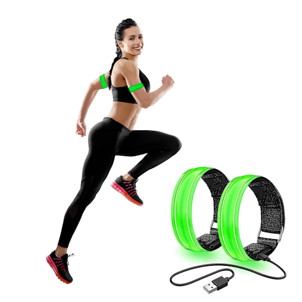 2-pak Genopladeligt LED Armbånd - Høj Synlighed Løbelys Grön