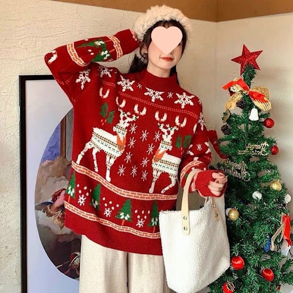 Løs juletrøje til kvinder Rød nytårstøj Snowflake R XL