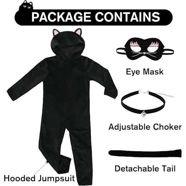 Sort Kattekostume til Børn, 3-delt Jumpsuit med Hætte, Fastelavnskostume, Drenge, Piger, Rollespil til Halloween, Karneval, Fest 3-10 År 7-8 Jahre