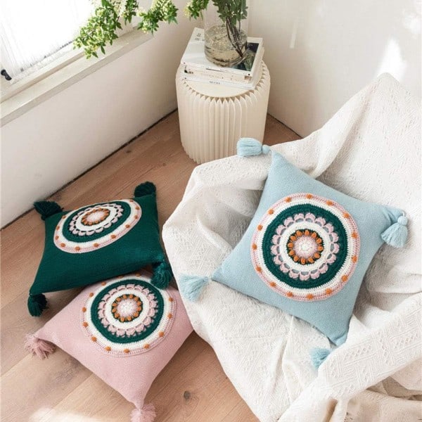 IC Dekorativt strikket bomullssofatrekk med dusk Rundt blomstrete Farmhouse putetrekk for sovesofa (blå, 18\"x18\")