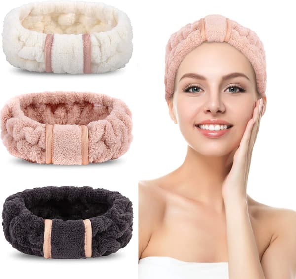 Korall sammet Spa pannband, elastiskt ansiktsmakeup pannband, rosa och benvitt, 1-delat set