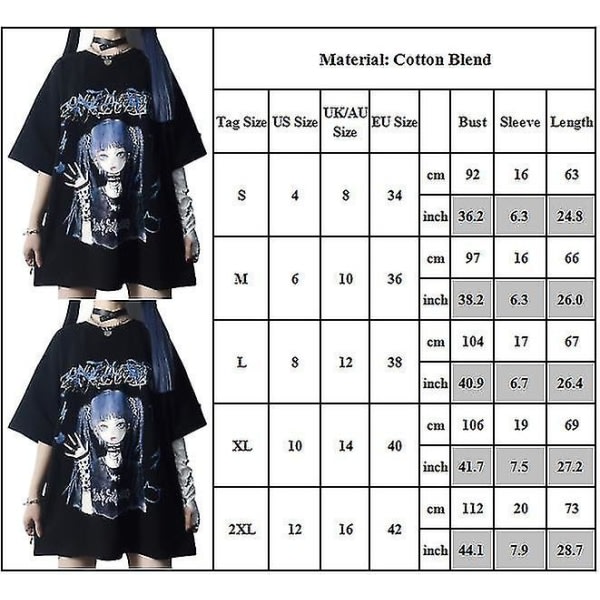 Kvinnor Tonåringar Goth T-shirt Mode Gothic Anime Estetiskt print Casual Lösa toppar Presenter XL