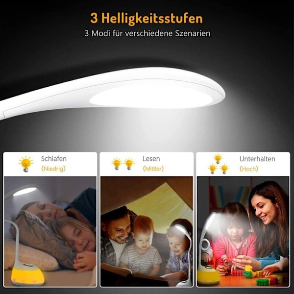 Skrivebordslampe for barn med justerbart fargerikt lys - 3 lysstyrkenivåer, fleksibel arm, USB-port