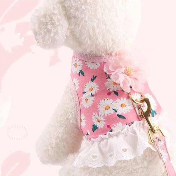 IC Hundklänning med Koppel Set Tryckt Daisy Mönster Katt Sele Klänning Andningsbar Mesh Valp Sele Koppel Set (Medium, Rosa)