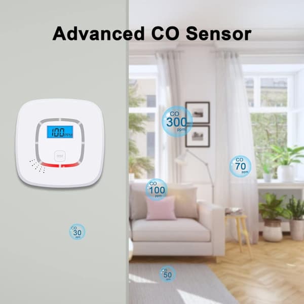 Batteridriven kolmonoxiddetektor (CO), EN 52091-certifierad, kolmonoxiddetektor med digital display