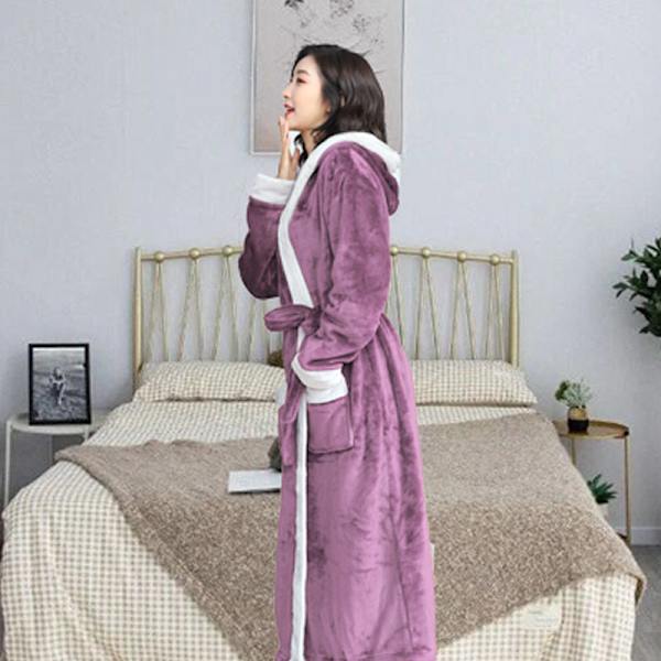 Lång morgonrock för damer, vinterflanell, tjock badrock, korallfleece, pyjamas, dam, lila purple XL length 130cm