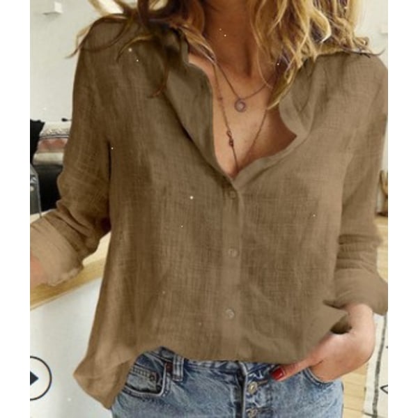Dame Bluser i Linned, Casual, Ensfarvet, Knapper, Lapel, Sommertop, Den Perfekte Gave, Brun Brown XXL