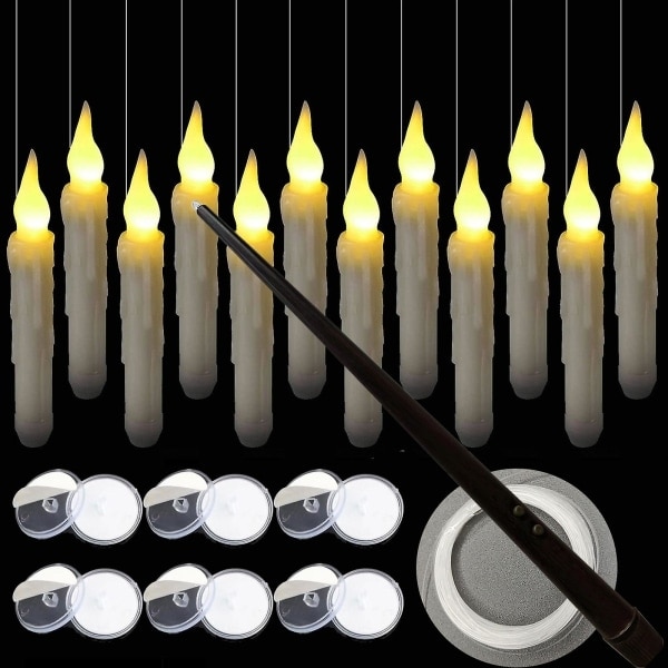 Levitating Candle with Wand Remote Control, 12-pack LED Flameless Flickering Tealights Battery Operated Harry Potter Floating Candles White-WELLNGS