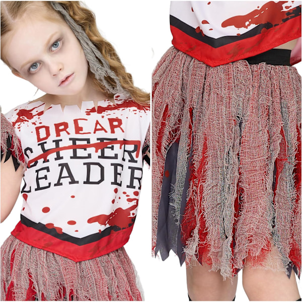 Pige Scary Bloody Cheerleader Kostume, Zombie Cheerleader Kostume til Halloween Kostumefester Vit-röd Large (10-12 yrs)