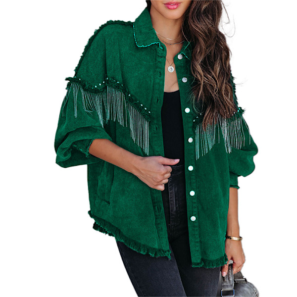 Ledig denimjacka med fransar för kvinnor Grön Grön Green S