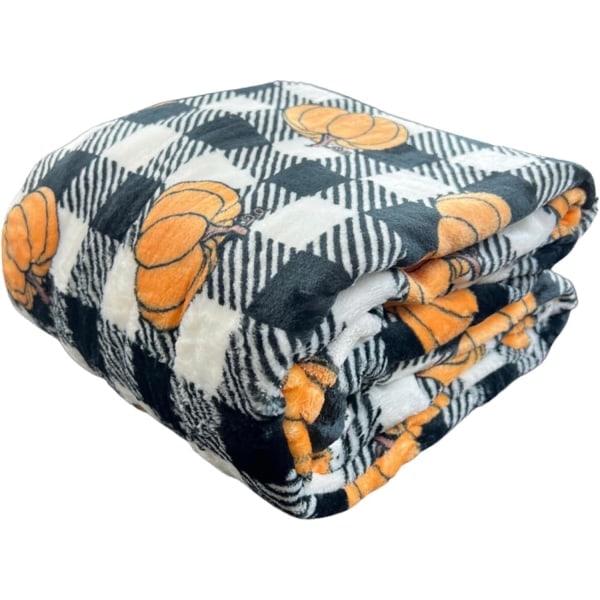 IC Fleecepledd for hjemmeinnredning til Halloween: Svart og hvit gingham-rute med gresskardesign på myk fløyelspledd, størrelse: 60\" x 50\"