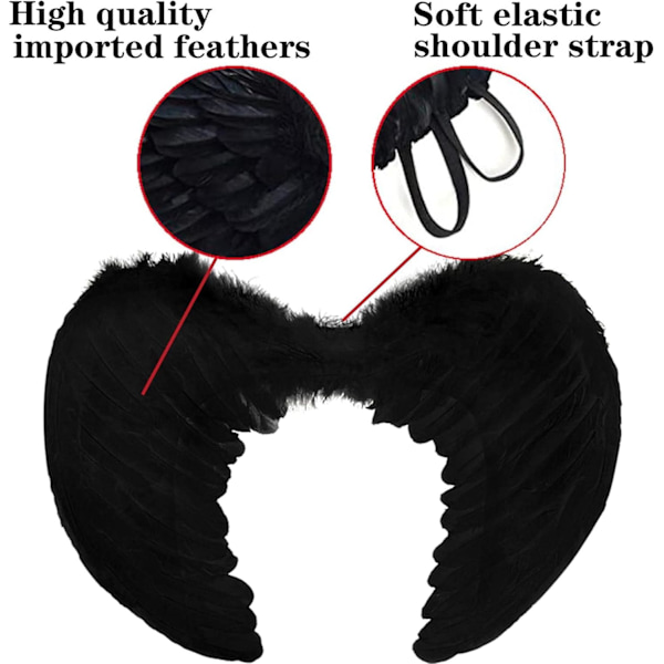 Änglavingar, Svart, Änglakostym för kvinnor, med gloria och svarta vingar, för flickor, fjäder vingar Fallen angel wings - black-45 cm