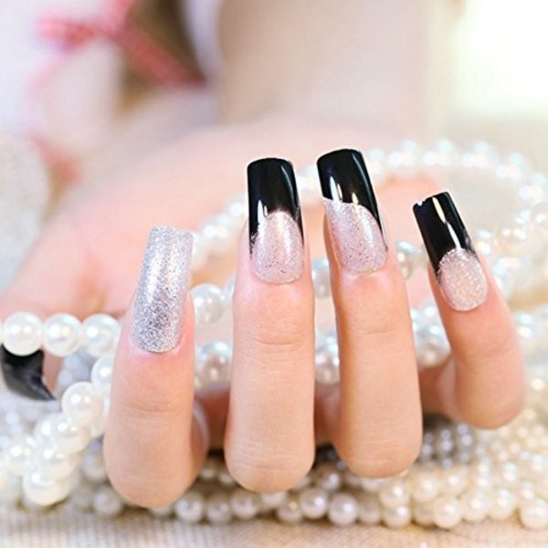 Nye franske 24 stk sølv glitter firkantede falske negler lange full kunstige negler svart klar med pulver faux ongle naturelle