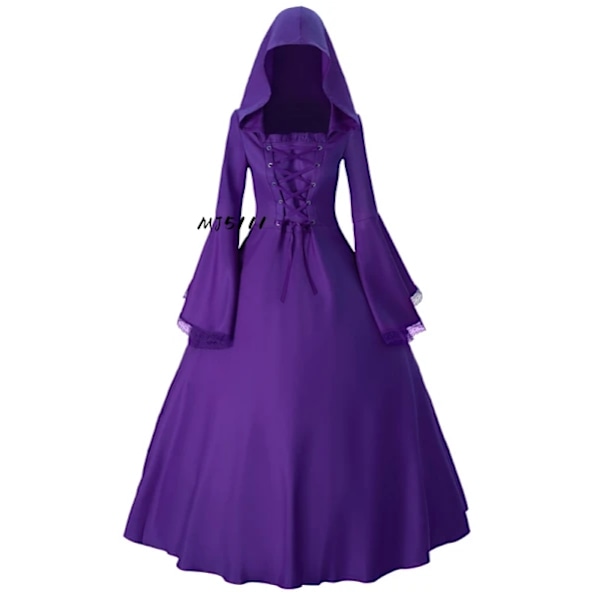 Halloween-klänning för kvinnor, medeltida retro gotisk MJ51 storlek trumpetärm scenfestklänning Purple dress L