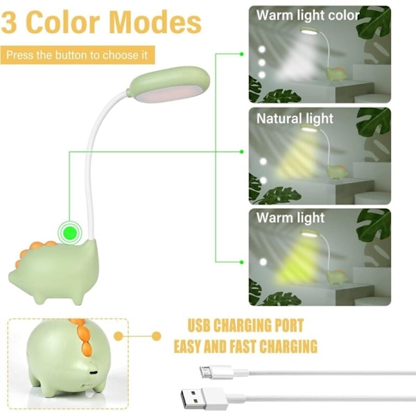 LED Skrivebordslampe, Børne Skrivebordslampe Dæmpbar Sengelampe med Øjenbeskyttende Touch Sensor 3 Lysstyrkeniveauer, USB Genopladelig Touch Switch
