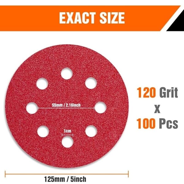 125mm Slippapper 120 Korn Sandpapper 100 Stycken 8 Hål Slipplatta för Excenterslipmaskin, DEBUNS