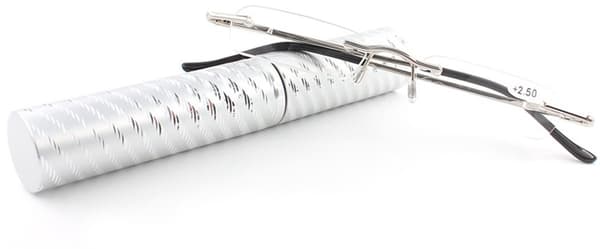 Rammeløse lesebriller med minietui, lettvekts lommedesign for kvinner og menn, sølv, +4.0 diopter