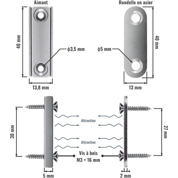 Stycken Rektangulära Neodymmagneter med Hål 40x13.8x5 mm, 15 kg dragkraft + 2 stålbrickor + 8 skruvar ingår