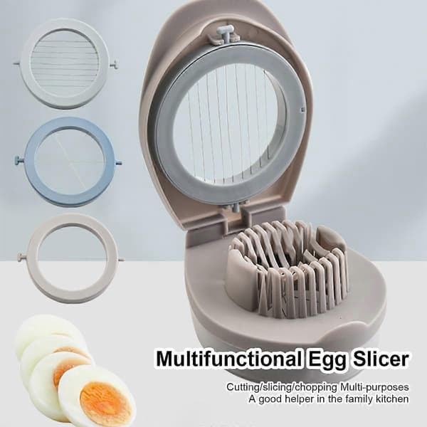 3-i-1 Eggeskjærer med 3 Kuttestiler, Rustfrie Ståltråder for Kokte Egg, Jordbær, Sopp, Myke Frukter, Grå