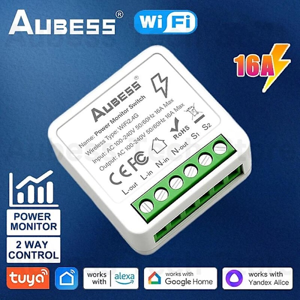 Aubess 16a Switch Tuya Wi-fi Smart Switch Support 2-way Control Power Monitor Energy Saving Light Switch Module 110v 220v