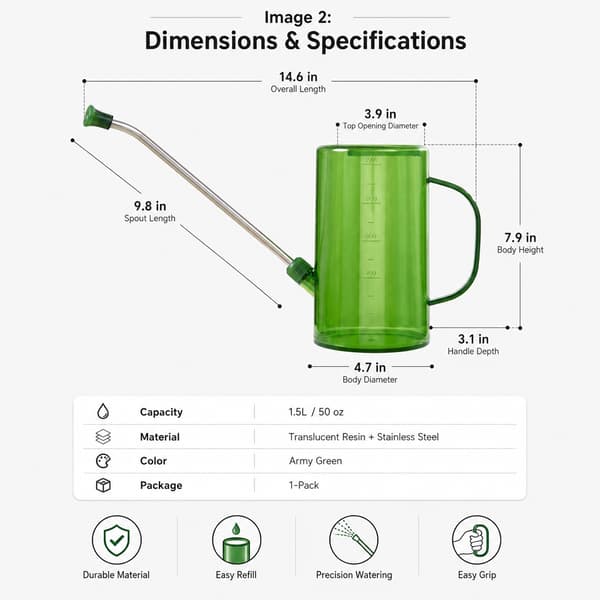 1,5L Vandkande med Lang Tud, Rustfri Stålstav til Stueplanter military green 1.5L