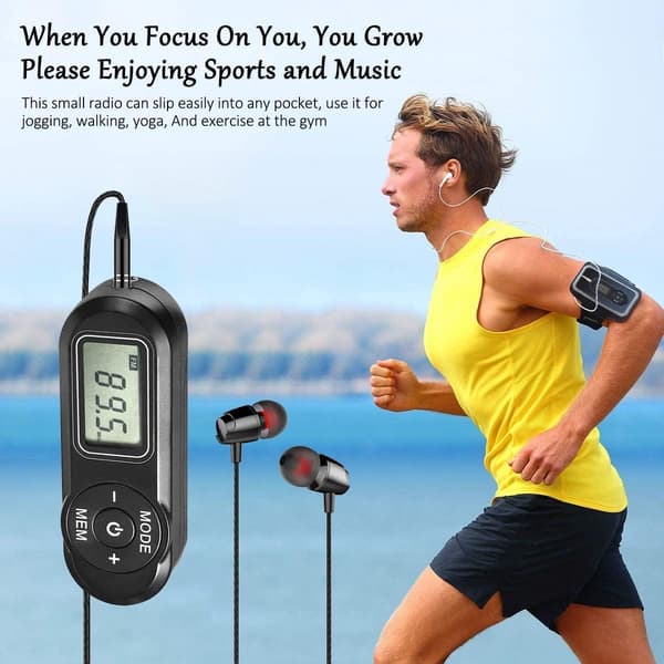 Mini bærbar FM-radio med digital LCD-skjerm, DSP-krets, 20 forhåndsinnstillinger, ørepropper og belteklips for jogging, turgåing og reise