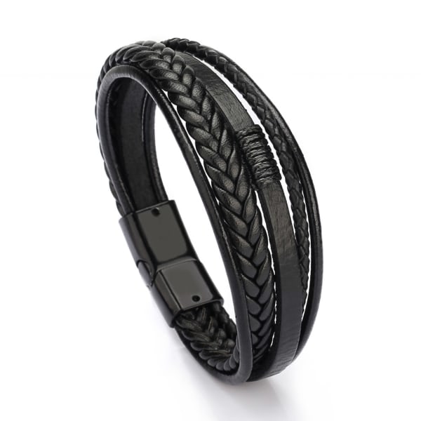 Flätat läderarmband för män och kvinnor - Manschettarmband med magnetlås - Svart och brunt - Modeaccessoarer - Presenter - Svart