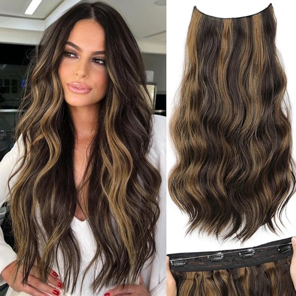 Usynlige trådhår extensions lang bølget gjennomsiktig trådhår extensions for kvinner justerbar størrelse 4 sikre klips 20 tommer balayage mørk brun til kastanje