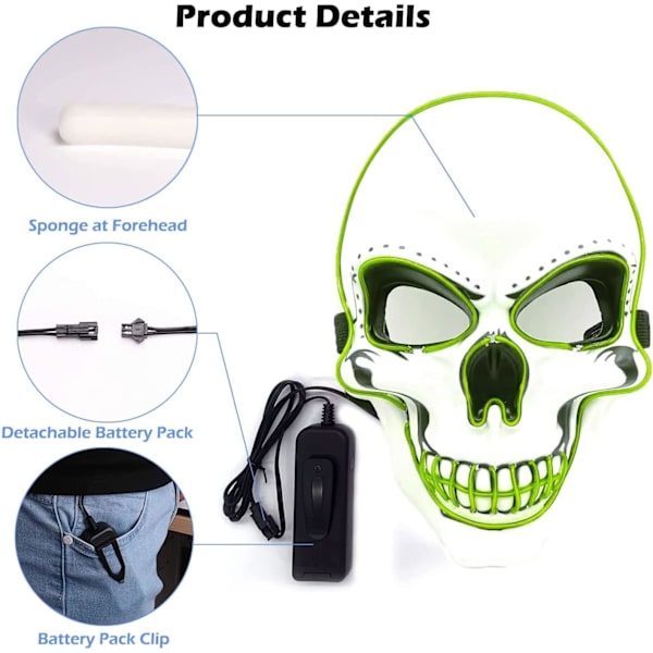 Halloween LED-naamio, LED-luurankonaamio, LED-puhdistusnaamiot, kauhunaamio, halloween-naamio, karnevaaliin, halloweeniin, cosplayhin ja juhliin Green