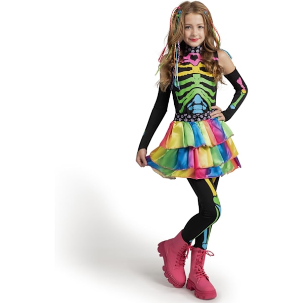 Fargerikt og trendy skjeletkostyme for jenter, luksuriøst kostyme med hårforlengelser, for Halloween-fester Small ( 5 – 7 yrs)