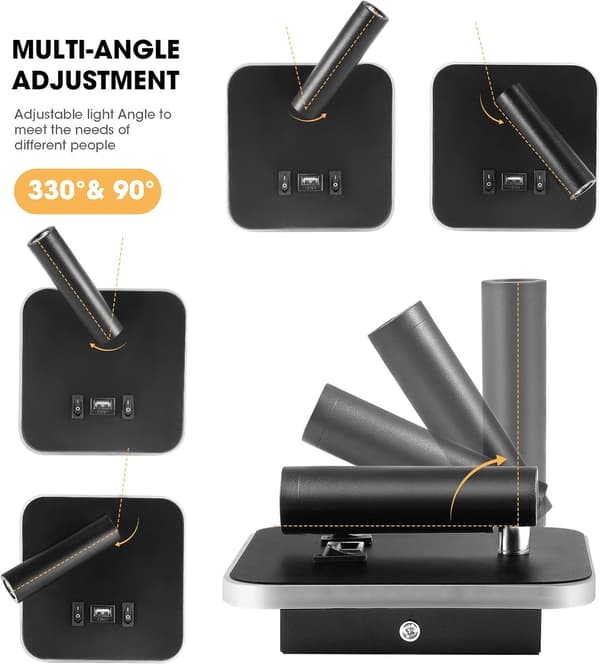 2-pack LED-vägglampor, 3000K varmvitt, 360° justerbar läslampa, USB-laddning, dubbla strömbrytare, sovrum, svart
